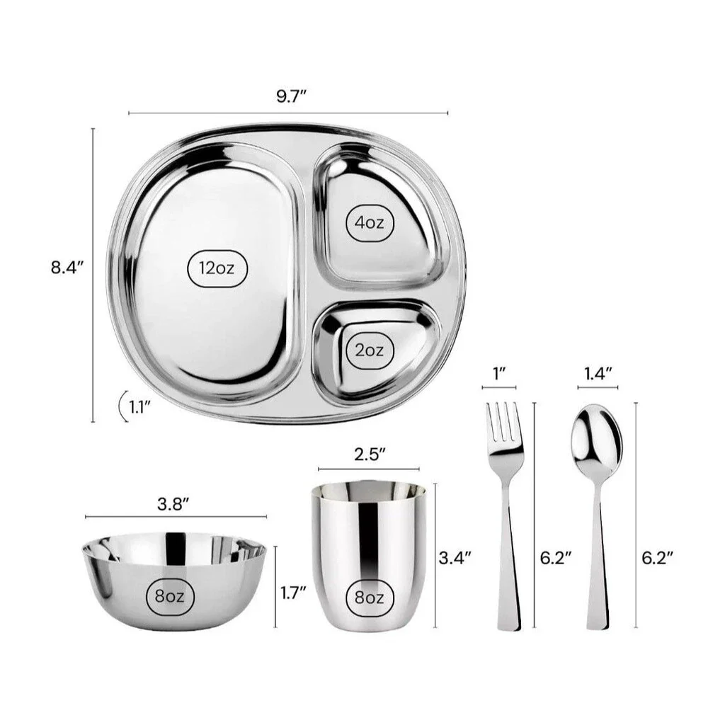 Stainless Steel Kids Dinnerware Set - 5 Piece Safe and Durable Toddler Set